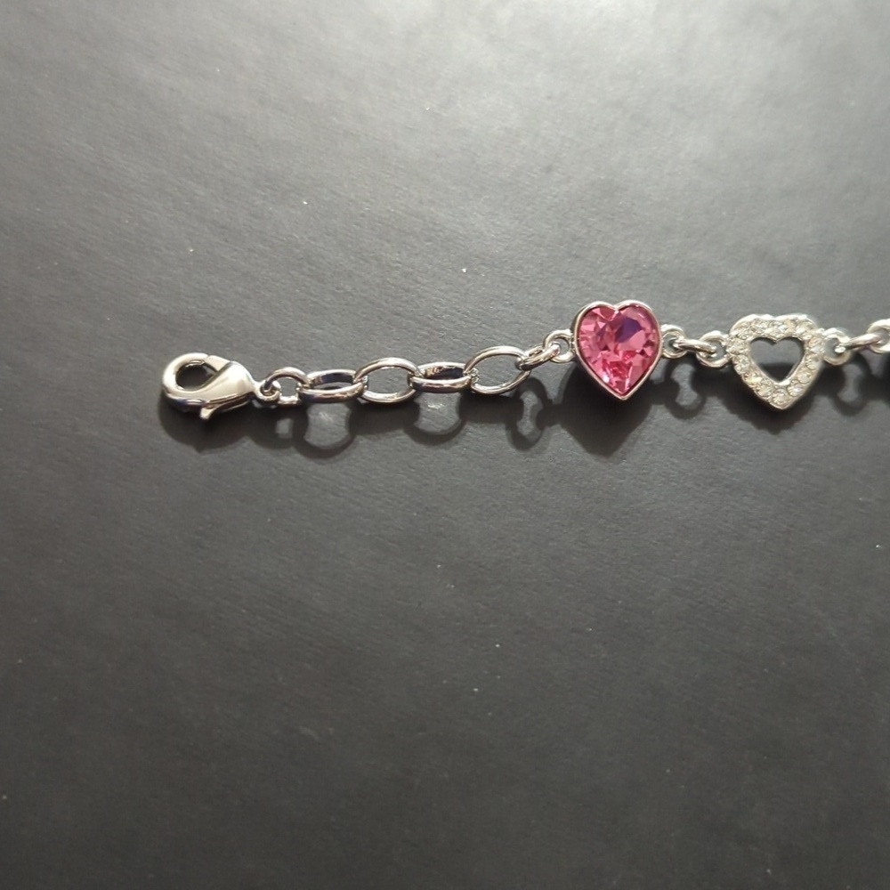 Silver Tone Pink and Clear Rhinestone Heart Shape Statement Bracelet - Picture 4 of 6